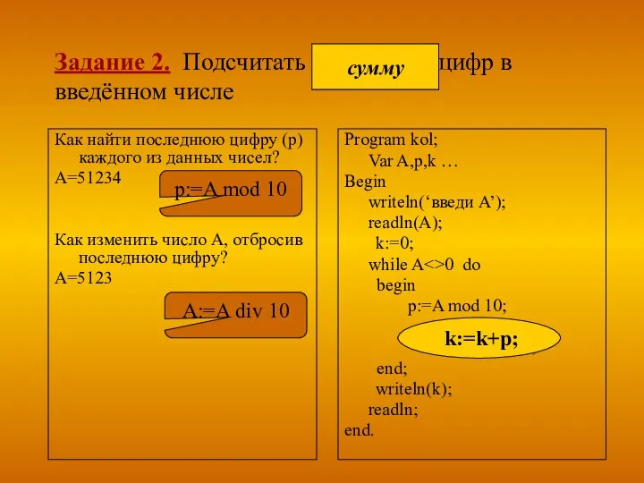 Задание 2. Подсчитать количество цифр в введённом числе Program kol; Var