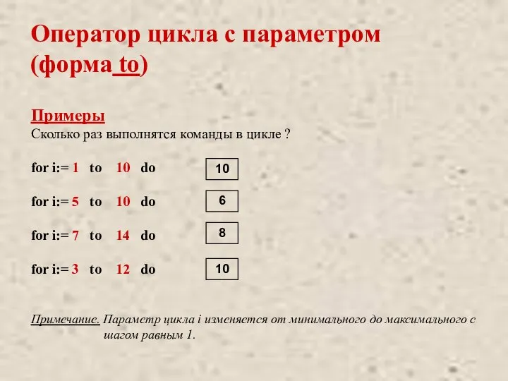 Оператор цикла с параметром (форма to) Примеры Сколько раз выполнятся команды