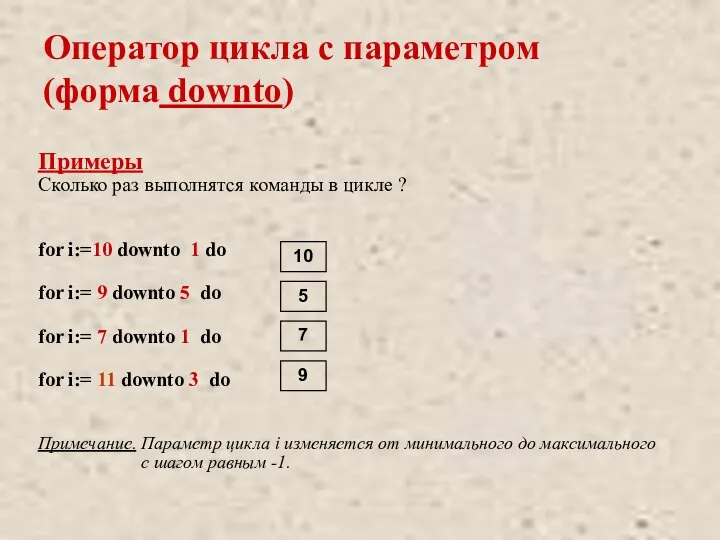 Оператор цикла с параметром (форма downto) Примеры Сколько раз выполнятся команды