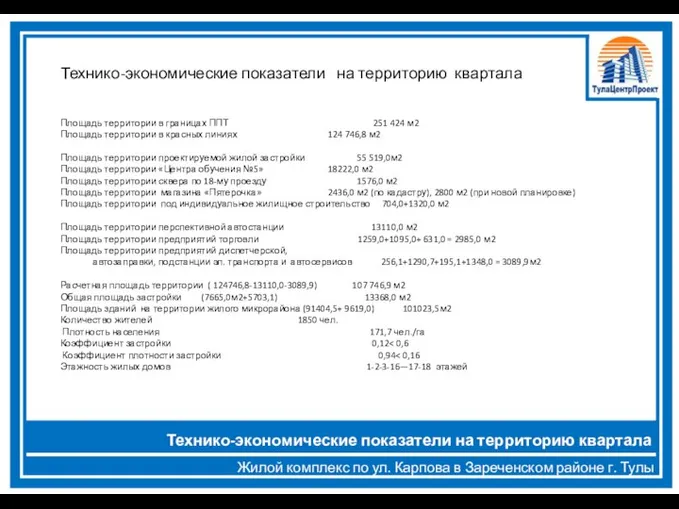 Жилой комплекс по ул. Карпова в Зареченском районе г. Тулы Технико-экономические