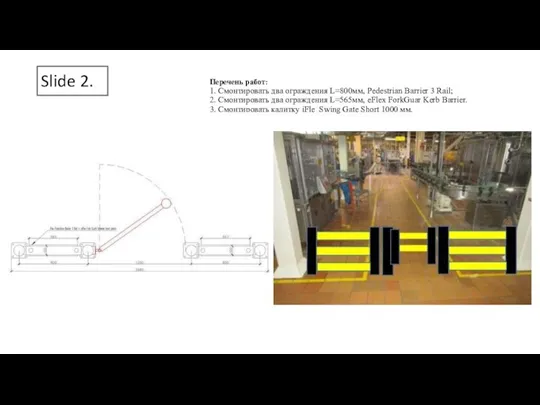 Slide 2. Перечень работ: 1. Смонтировать два ограждения L=800мм, Pedestrian Barrier