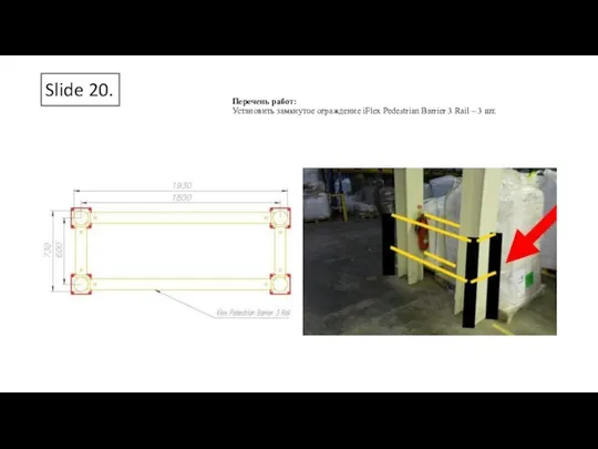 Slide 20. Перечень работ: Установить замкнутое ограждение iFlex Pedestrian Barrier 3 Rail – 3 шт.