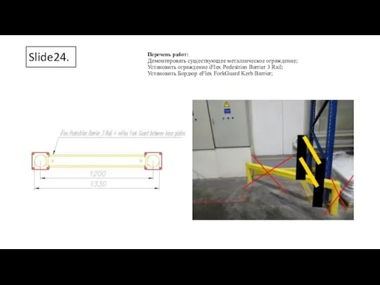 Slide24. Перечень работ: Демонтировать существующее металлическое ограждение; Установить ограждение iFlex Pedestrian