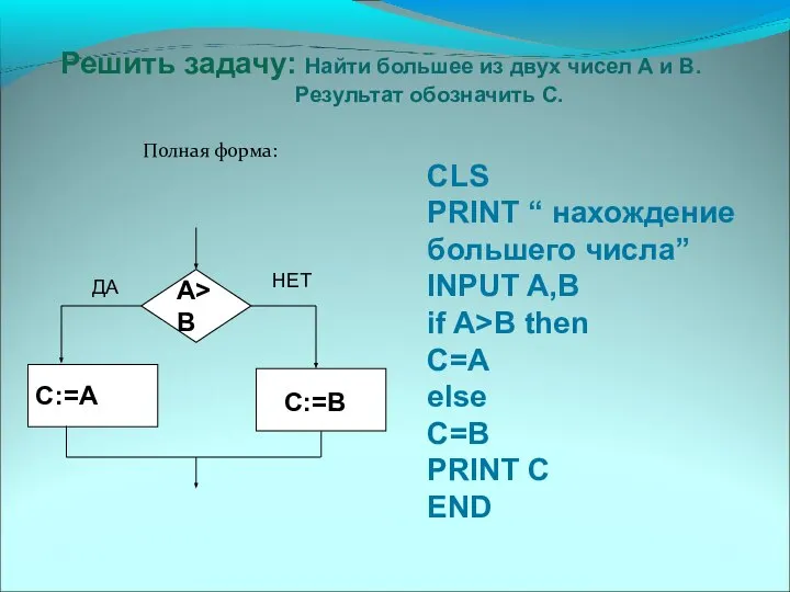 Решить задачу: Найти большее из двух чисел А и В. Результат