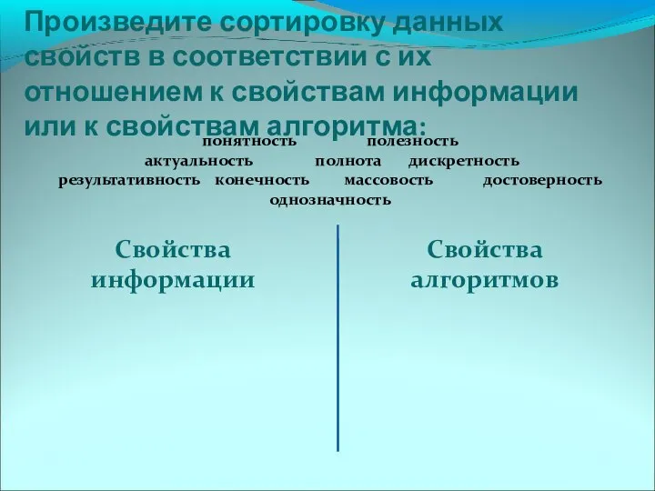 Произведите сортировку данных свойств в соответствии с их отношением к свойствам