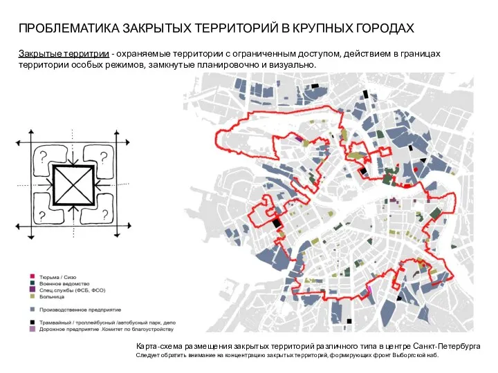 ПРОБЛЕМАТИКА ЗАКРЫТЫХ ТЕРРИТОРИЙ В КРУПНЫХ ГОРОДАХ Карта-схема размещения закрытых территорий различного