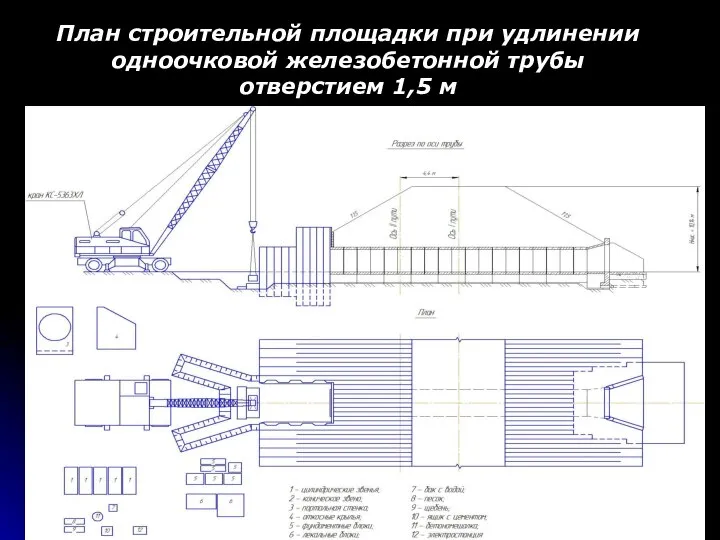 План строительной площадки при удлинении одноочковой железобетонной трубы отверстием 1,5 м