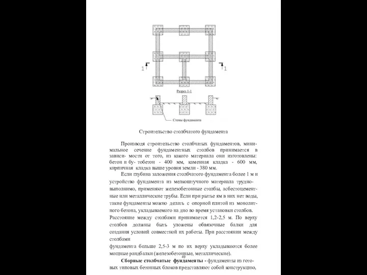 Строительство столбчатого фундамента Производя строительство столбчатых фундаментов, мини- мальное сечение фундаментных