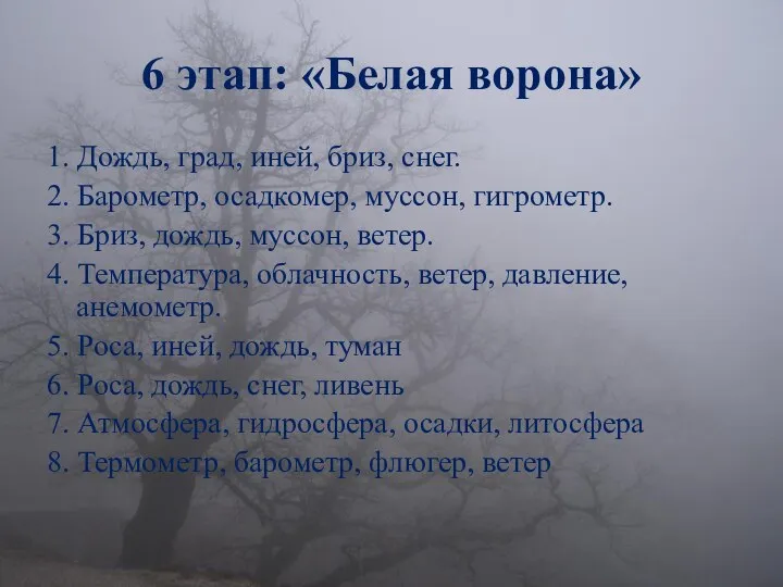 6 этап: «Белая ворона» 1. Дождь, град, иней, бриз, снег. 2.