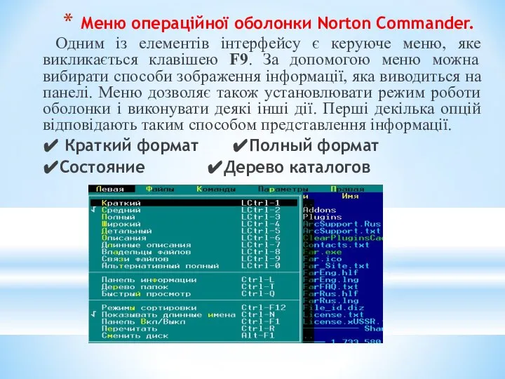 Меню операційної оболонки Norton Commander. Одним із елементів інтерфейсу є керуюче