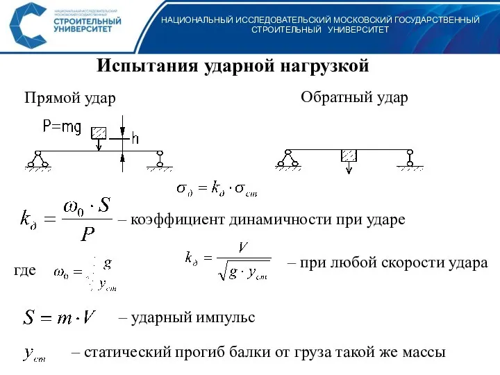 НАЦИОНАЛЬНЫЙ ИССЛЕДОВАТЕЛЬСКИЙ МОСКОВСКИЙ ГОСУДАРСТВЕННЫЙ СТРОИТЕЛЬНЫЙ УНИВЕРСИТЕТ Испытания ударной нагрузкой Прямой удар