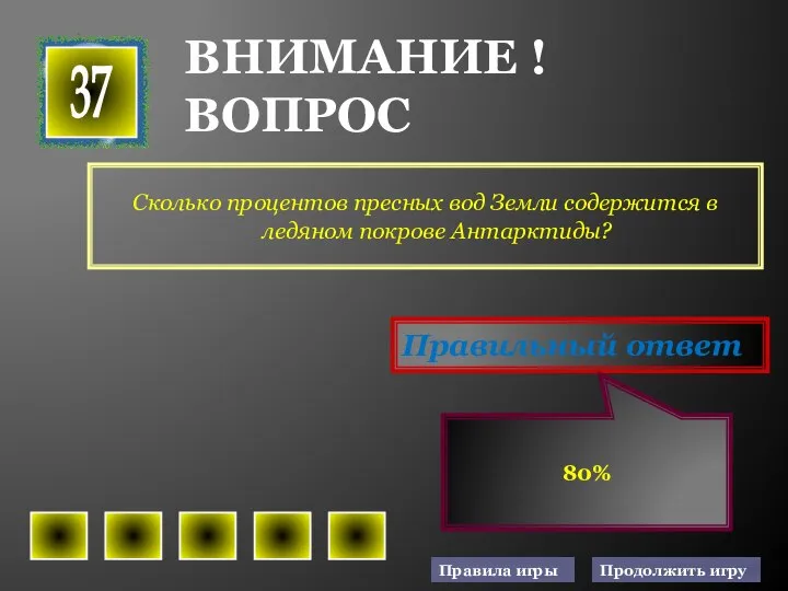 Сколько процентов пресных вод Земли содержится в ледяном покрове Антарктиды? 37