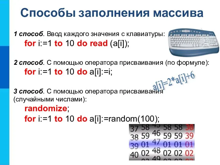 Способы заполнения массива 1 способ. Ввод каждого значения с клавиатуры: for