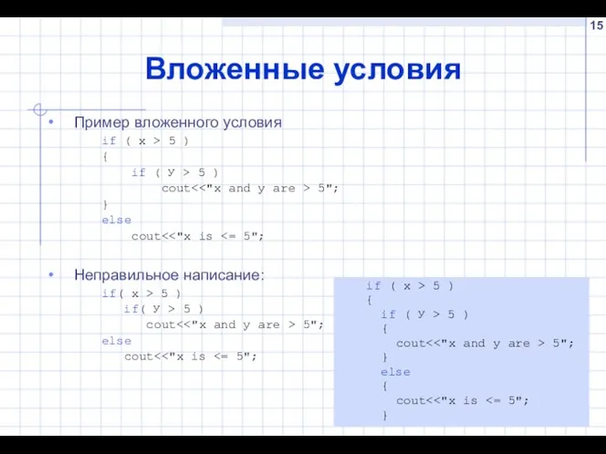 Вложенные условия Пример вложенного условия if ( х > 5 )