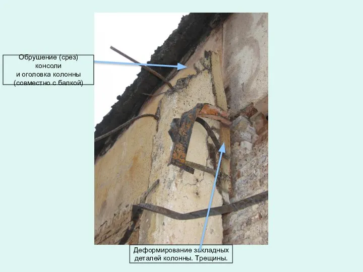 Деформирование закладных деталей колонны. Трещины. Обрушение (срез) консоли и оголовка колонны (совместно с балкой)