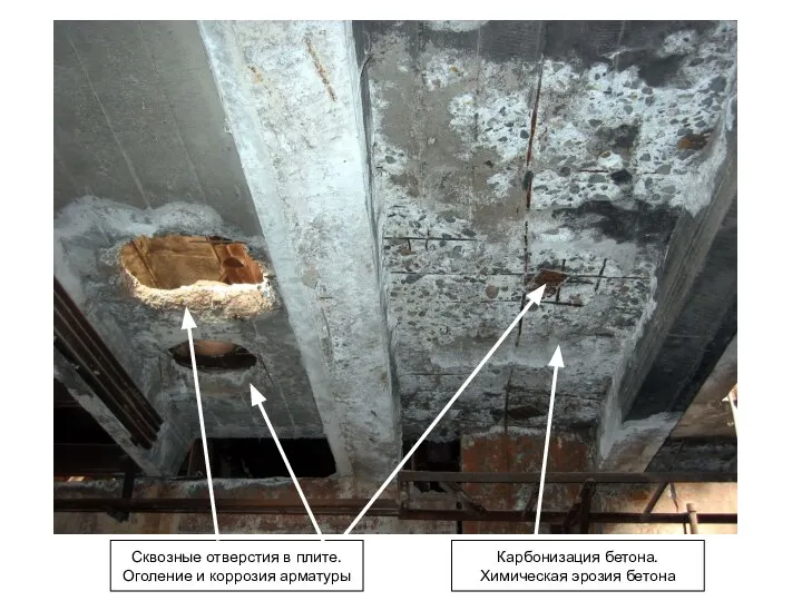 Сквозные отверстия в плите. Оголение и коррозия арматуры Карбонизация бетона. Химическая эрозия бетона