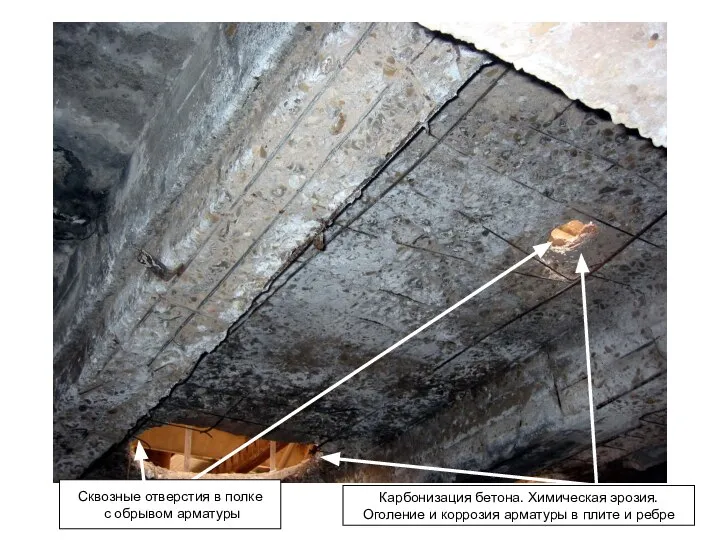 Карбонизация бетона. Химическая эрозия. Оголение и коррозия арматуры в плите и