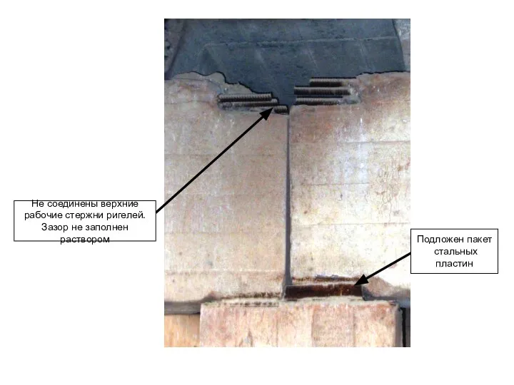 Подложен пакет стальных пластин Не соединены верхние рабочие стержни ригелей. Зазор не заполнен раствором