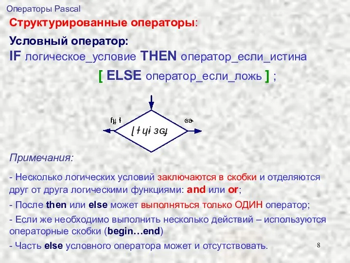 Условный оператор: IF логическое_условие THEN оператор_если_истина [ ELSE оператор_если_ложь ] ;