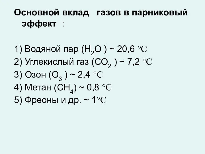 Основной вклад газов в парниковый эффект : 1) Водяной пар (Н2О