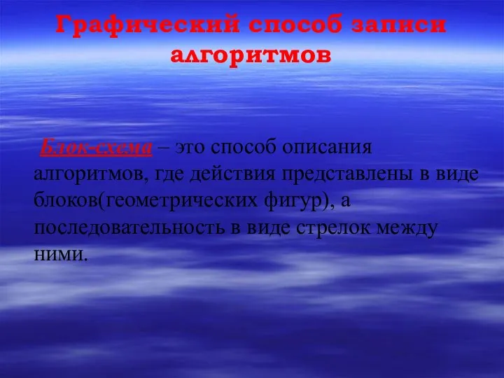 Графический способ записи алгоритмов Блок-схема – это способ описания алгоритмов, где