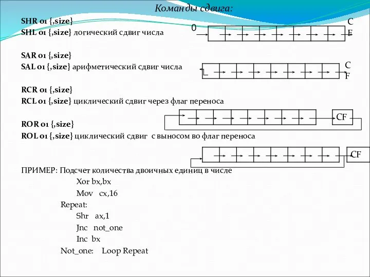 Команды сдвига: SHR o1 {,size} SHL o1 {,size} логический сдвиг числа