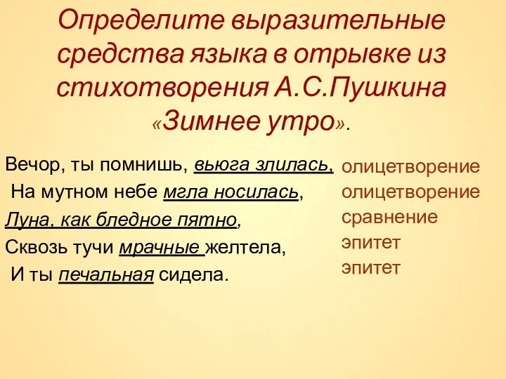 Определите выразительные средства языка в отрывке из стихотворения А.С.Пушкина «Зимнее утро».