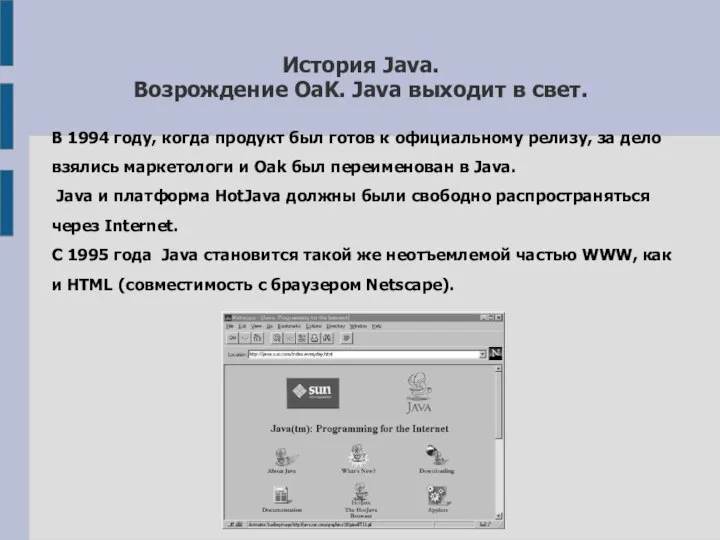 История Java. Возрождение OaK. Java выходит в свет. В 1994 году,