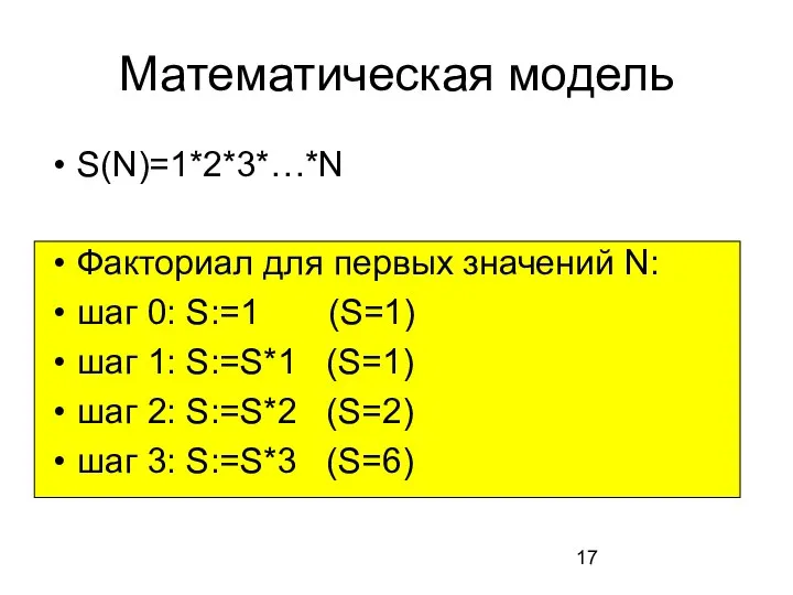 Математическая модель S(N)=1*2*3*…*N Факториал для первых значений N: шаг 0: S:=1