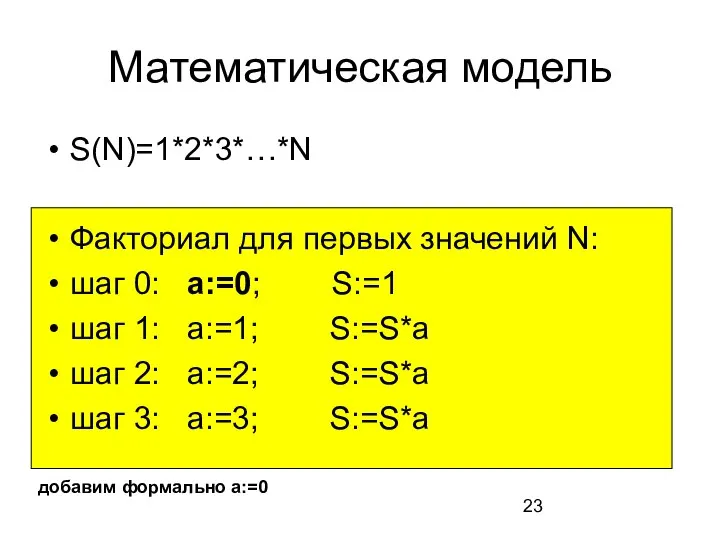 Математическая модель S(N)=1*2*3*…*N Факториал для первых значений N: шаг 0: a:=0;