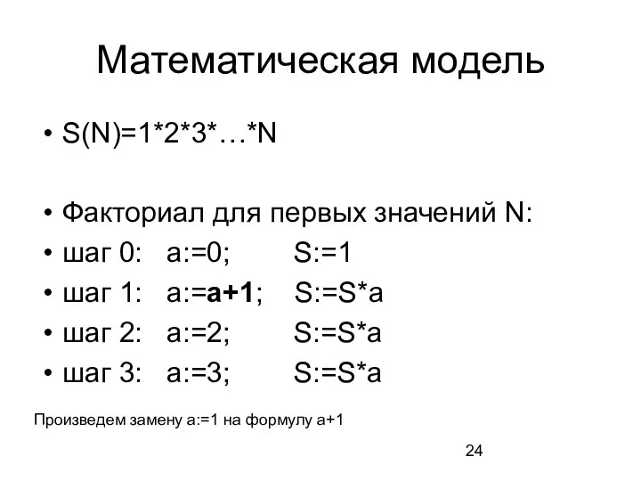 Математическая модель S(N)=1*2*3*…*N Факториал для первых значений N: шаг 0: a:=0;