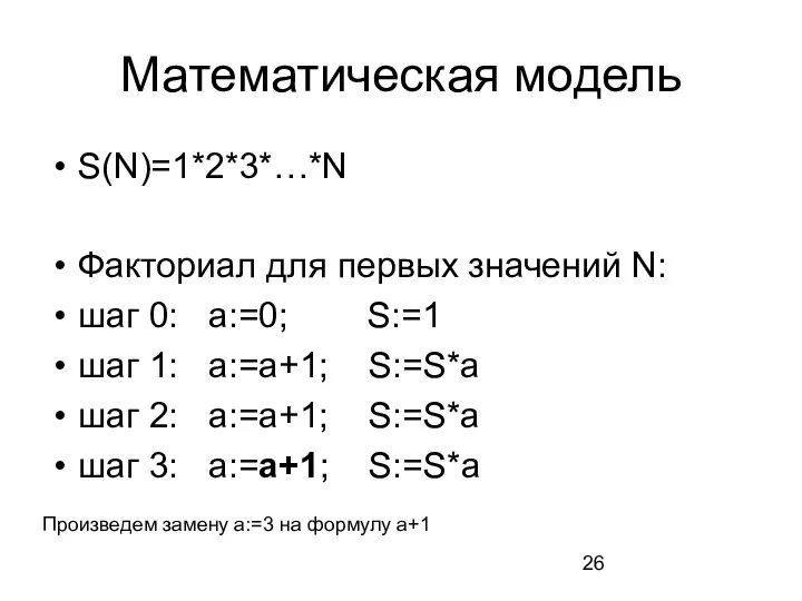 Математическая модель S(N)=1*2*3*…*N Факториал для первых значений N: шаг 0: a:=0;