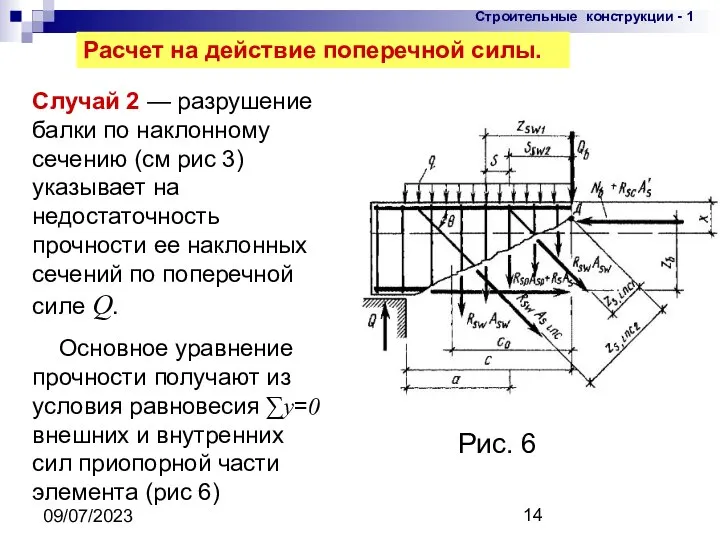 09/07/2023 Расчет на действие поперечной силы. Случай 2 — разрушение балки