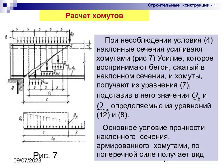 09/07/2023 Расчет хомутов Рис. 7 При несоблюдении условия (4) наклонные сечения