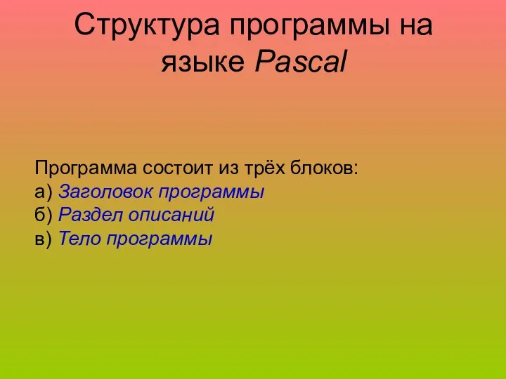 Структура программы на языке Pascal Программа состоит из трёх блоков: а)