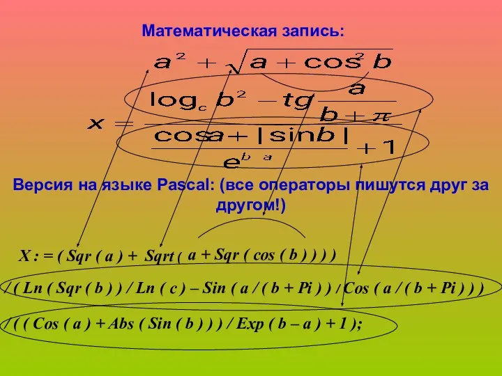 Версия на языке Pascal: (все операторы пишутся друг за другом!) X