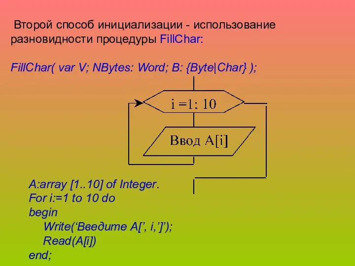 Второй способ инициализации - использование разновидности процедуры FillChar: FillChar( var V;