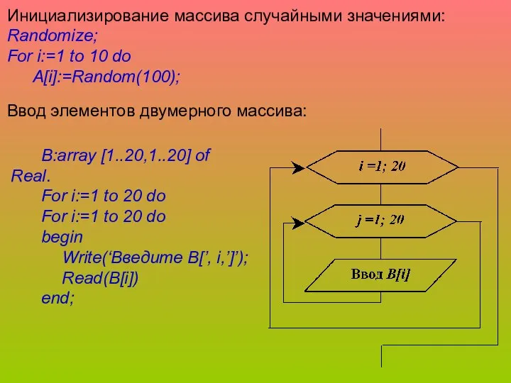 Инициализирование массива случайными значениями: Randomize; For i:=1 to 10 do A[i]:=Random(100);
