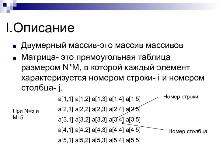 Описание Двумерный массив-это массив массивов Матрица- это прямоугольная таблица размером N*M,