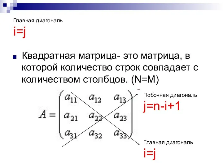 Главная диагональ i=j Квадратная матрица- это матрица, в которой количество строк