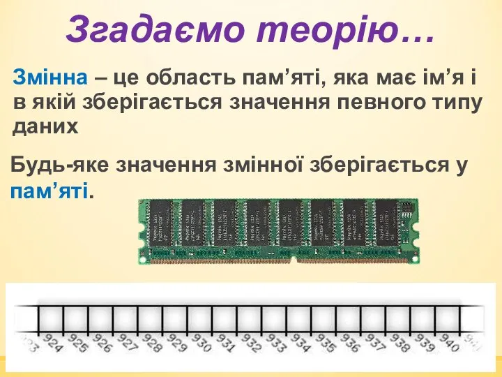 Згадаємо теорію… Будь-яке значення змінної зберігається у пам’яті. Змінна – це