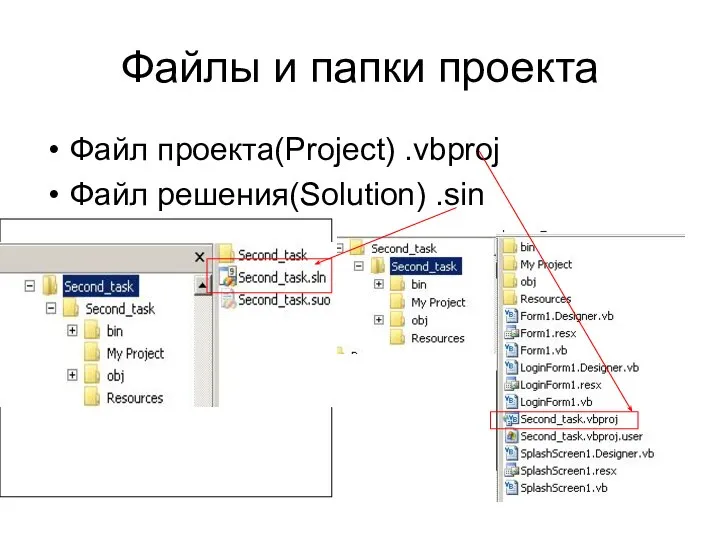 Файлы и папки проекта Файл проекта(Project) .vbproj Файл решения(Solution) .sin
