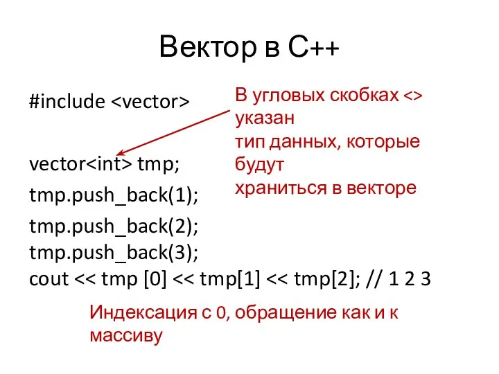 Вектор в С++ #include vector tmp; tmp.push_back(1); tmp.push_back(2); tmp.push_back(3); cout В