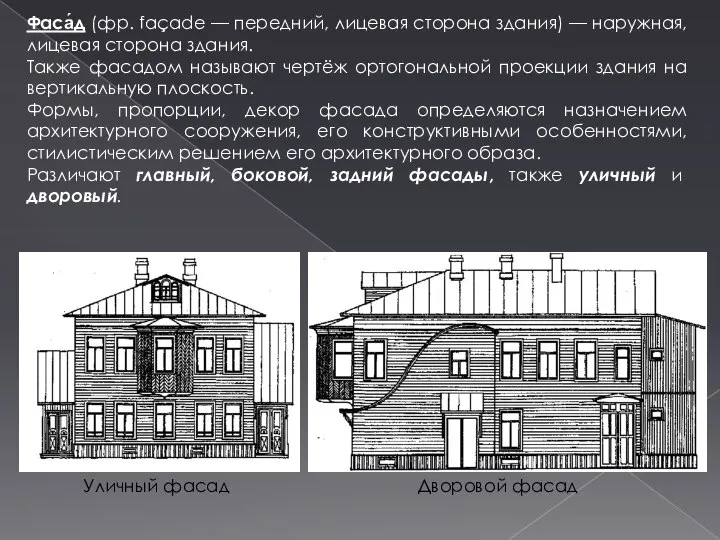 Фаса́д (фр. façade — передний, лицевая сторона здания) — наружная, лицевая