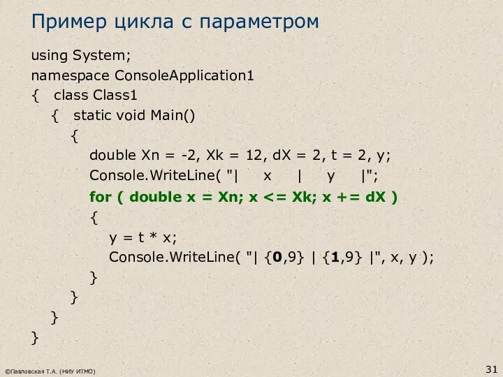 ©Павловская Т.А. (НИУ ИТМО) using System; namespace ConsoleApplication1 { class Class1