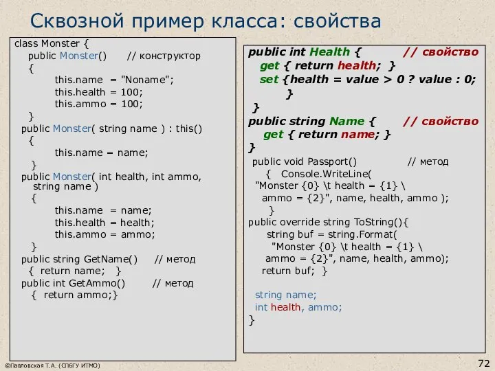 ©Павловская Т.А. (СПбГУ ИТМО) Сквозной пример класса: свойства class Monster {