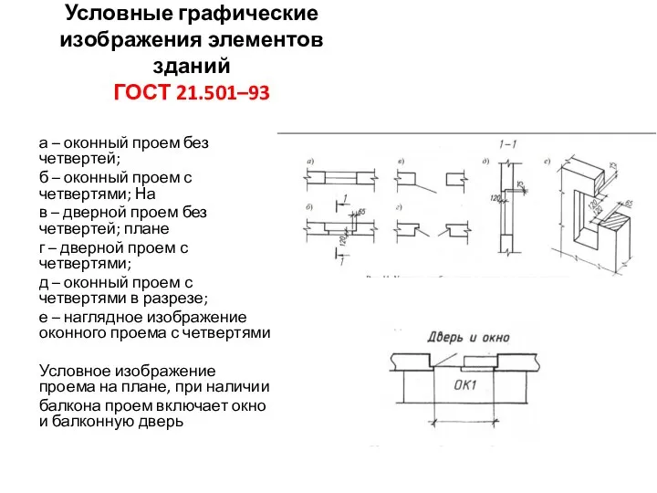 Условные графические изображения элементов зданий ГОСТ 21.501–93 а – оконный проем