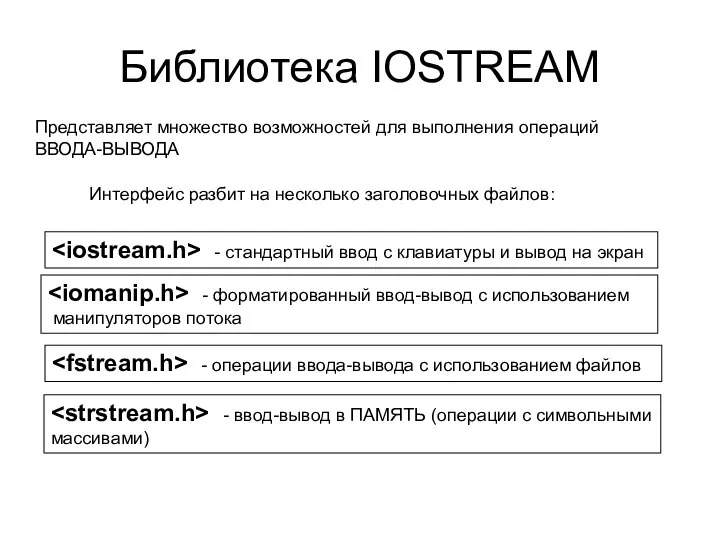 Библиотека IOSTREAM Представляет множество возможностей для выполнения операций ВВОДА-ВЫВОДА Интерфейс разбит