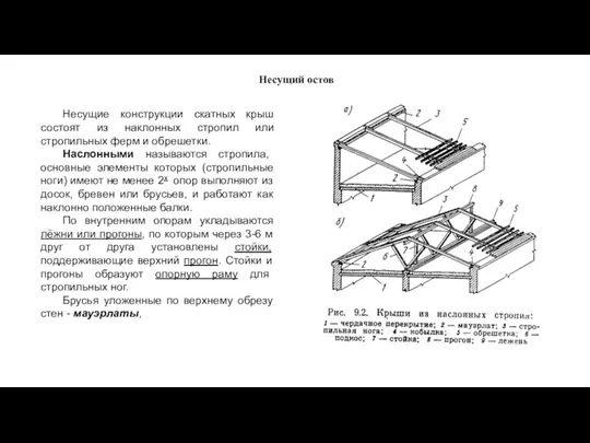 Несущий остов Несущие конструкции скатных крыш состоят из наклонных стропил или