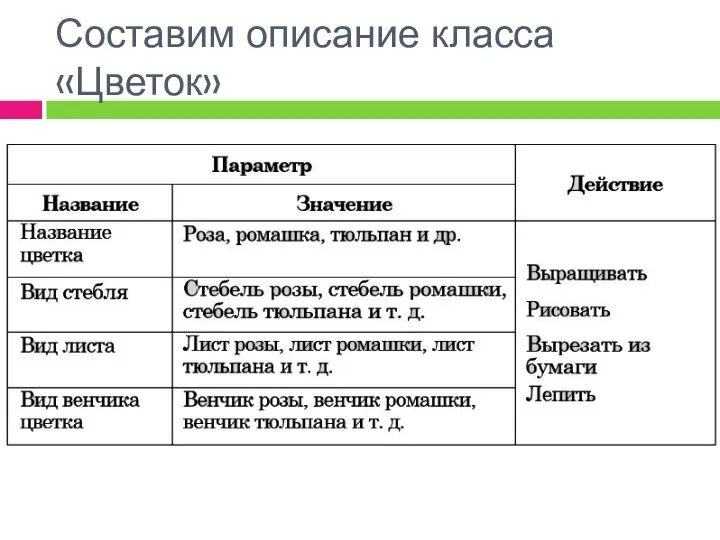 Составим описание класса «Цветок»